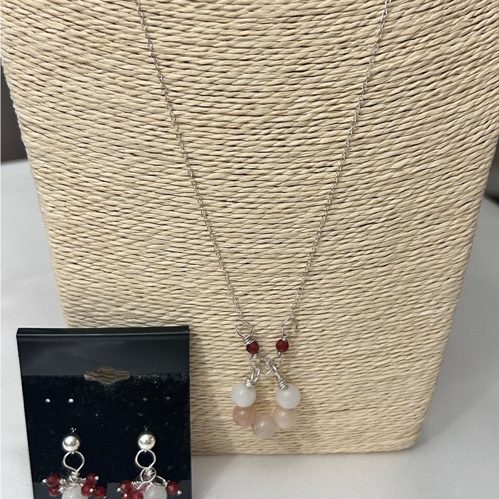 Sterling Silver Jewelry Set Necklace and Earrings.  Carnelian & Aventurine